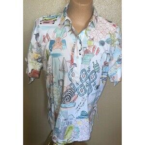 CHICO'S WHIMISICAL TRAVEL VACATION PRINT SHIRT TOP GROMMET TIE SLEEVES  Size 10